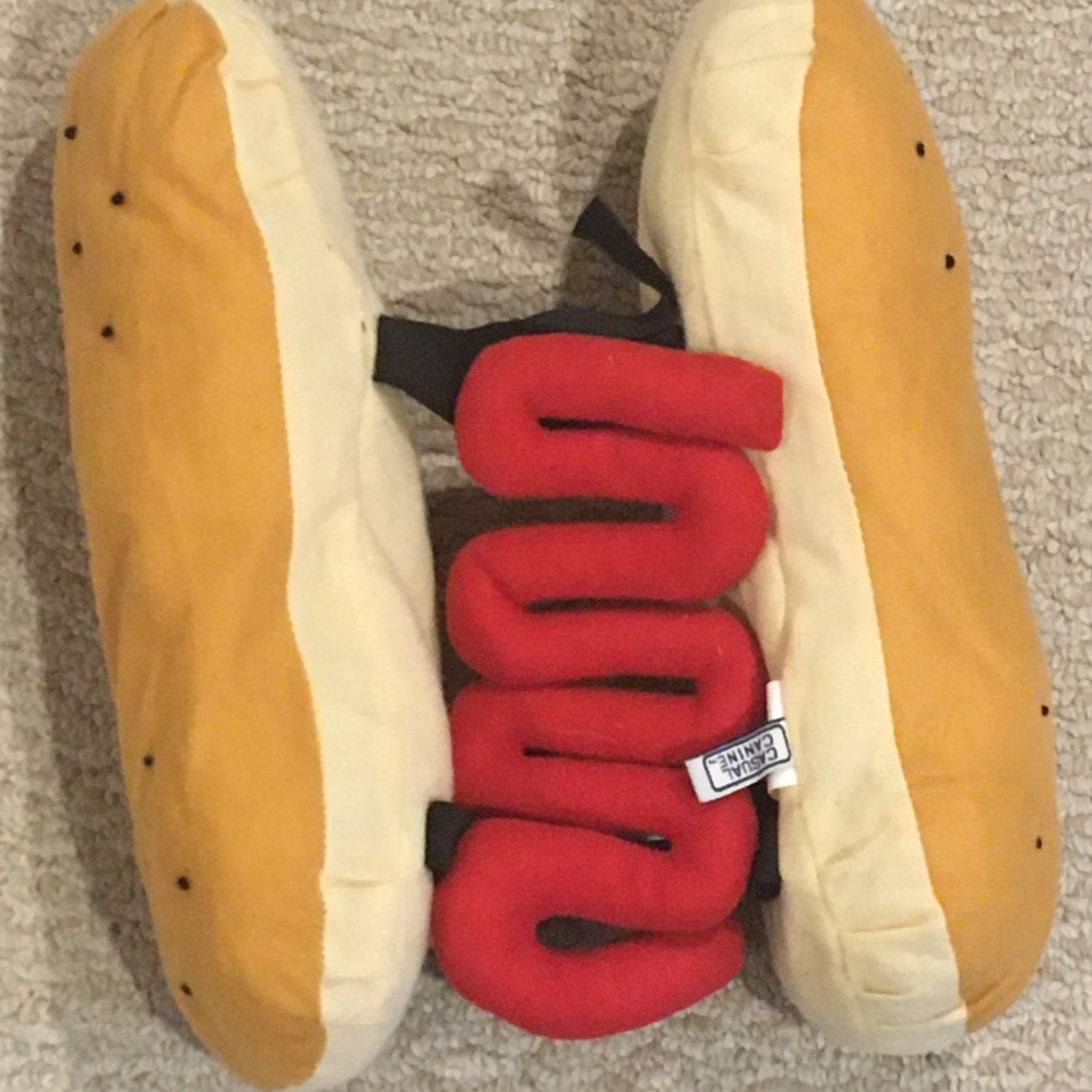 Dog hot dog costume with ketchup